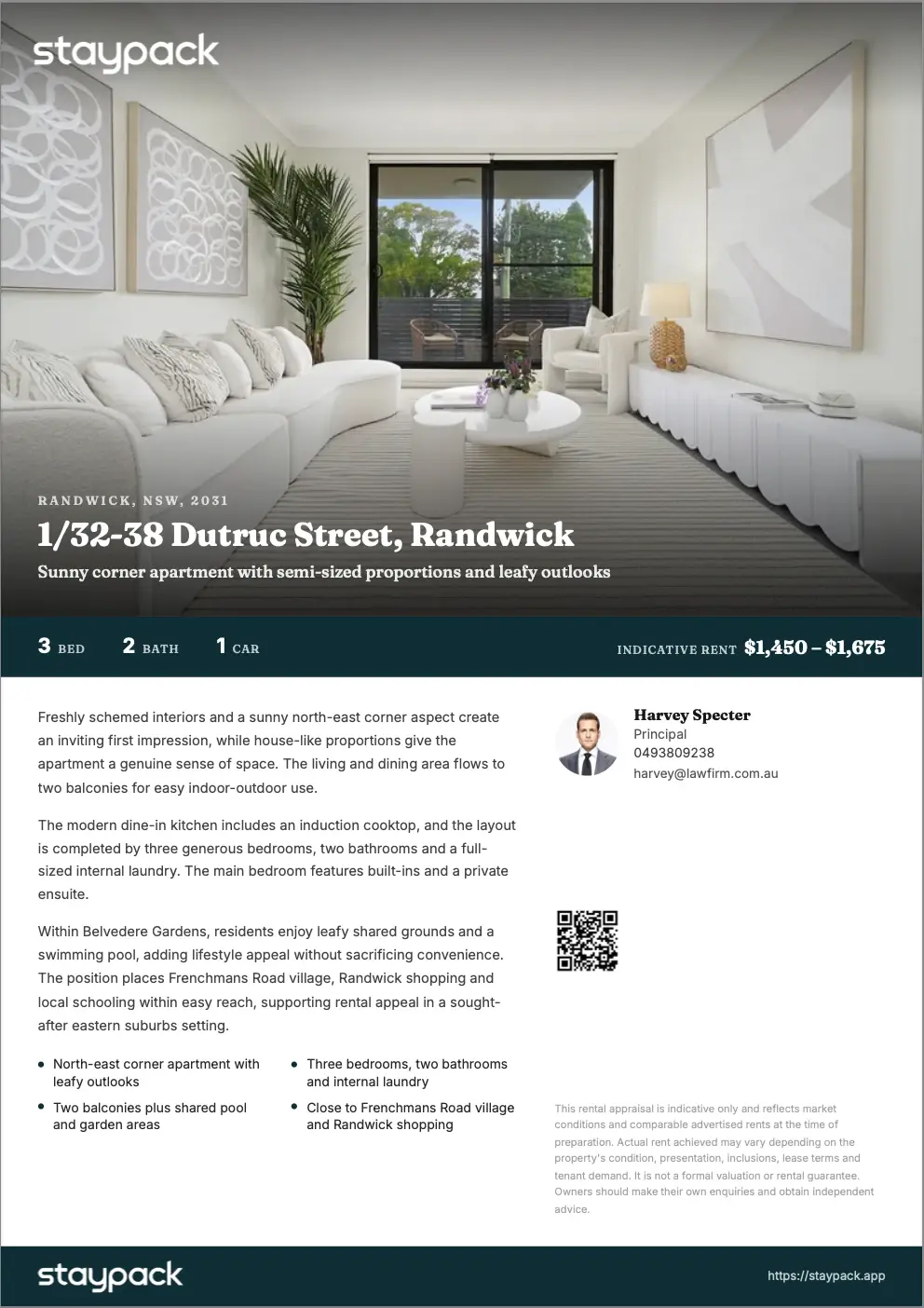 Front page of a branded StayPack rental appraisal